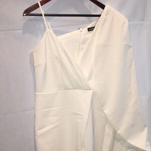 Lavish Alice Asymmetric One-Shoulder White MIDI  Dress With Side Cape | Size 12